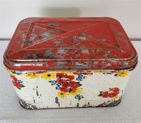 vintage metal bread box hinged lid|Vintage Metal Bread Box Red Yellow Blue Flowers .